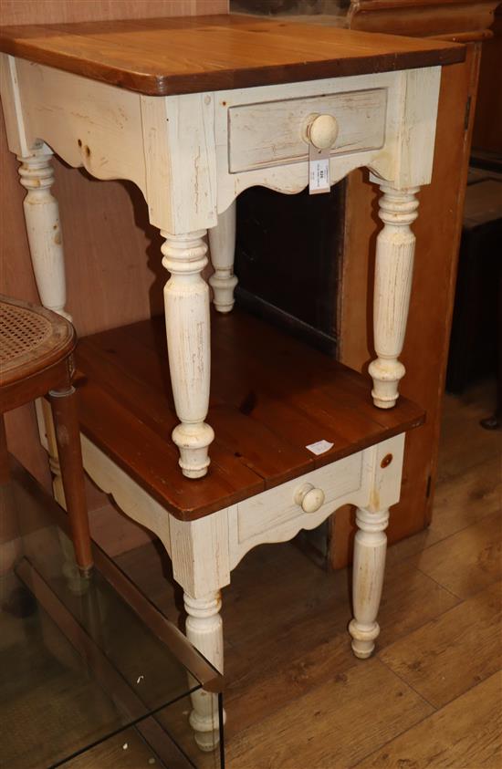 A pair of Victorian style pine topped side tables, with white painted bases L.68cm